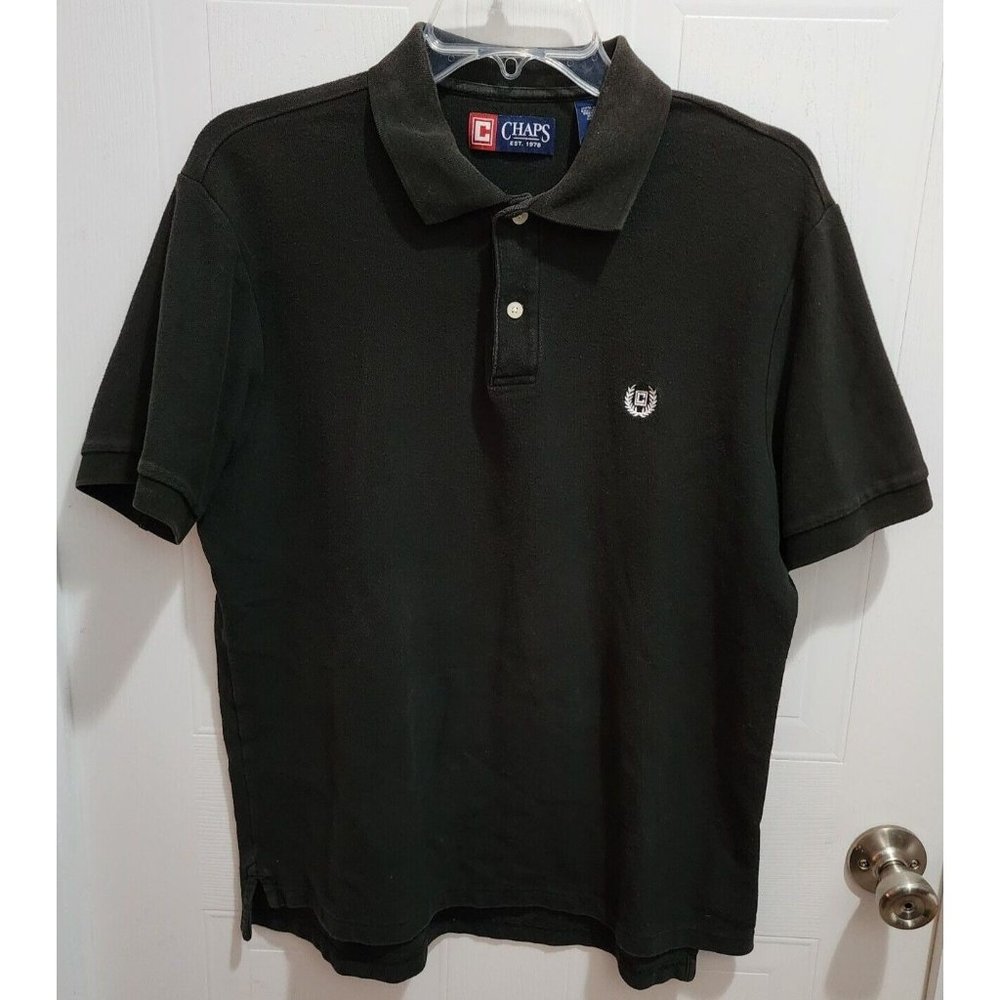 CHAPS Black Short Sleeve Embroidered Crest Polo‎ Shirt 100% Cotton Size Medium